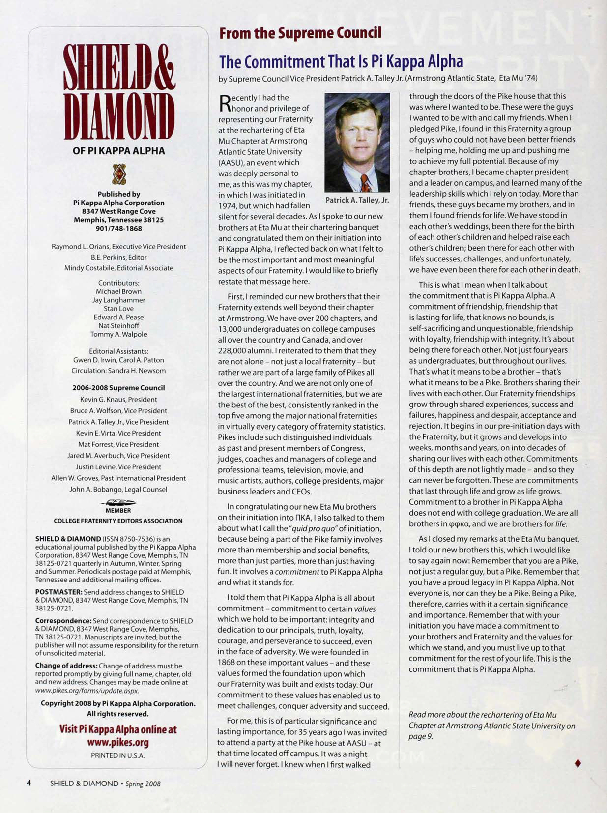 From The Supreme Council: The Commitment That Is Pi Kappa Alpha, Spring 2008